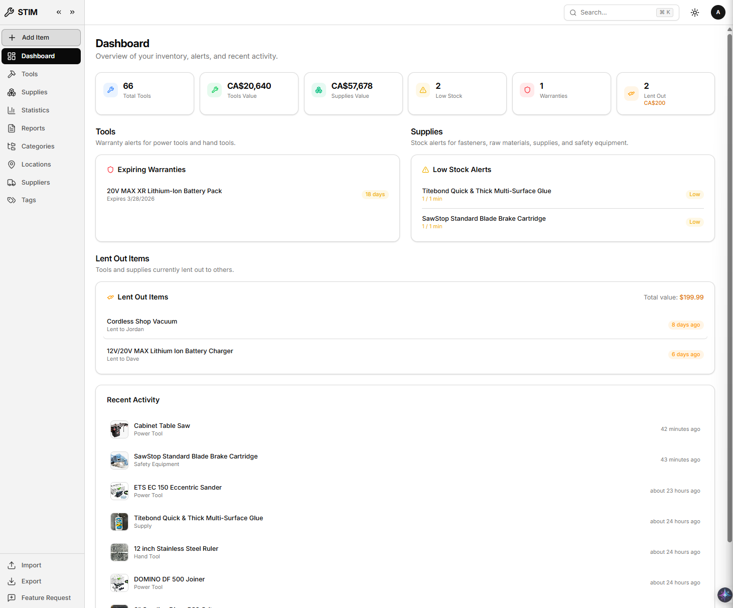 STIM Dashboard showing tool inventory, stats, and management interface
